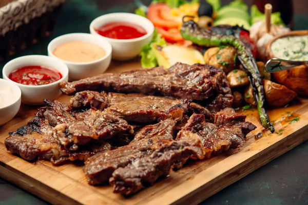 Steak daging sapi di atas wadah kayu